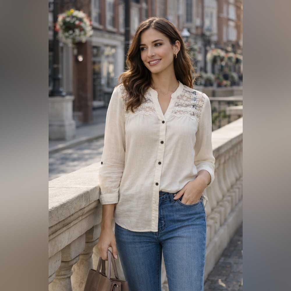 E&M Cream Sheer Lace Yoke Button Front Blouse Size Small